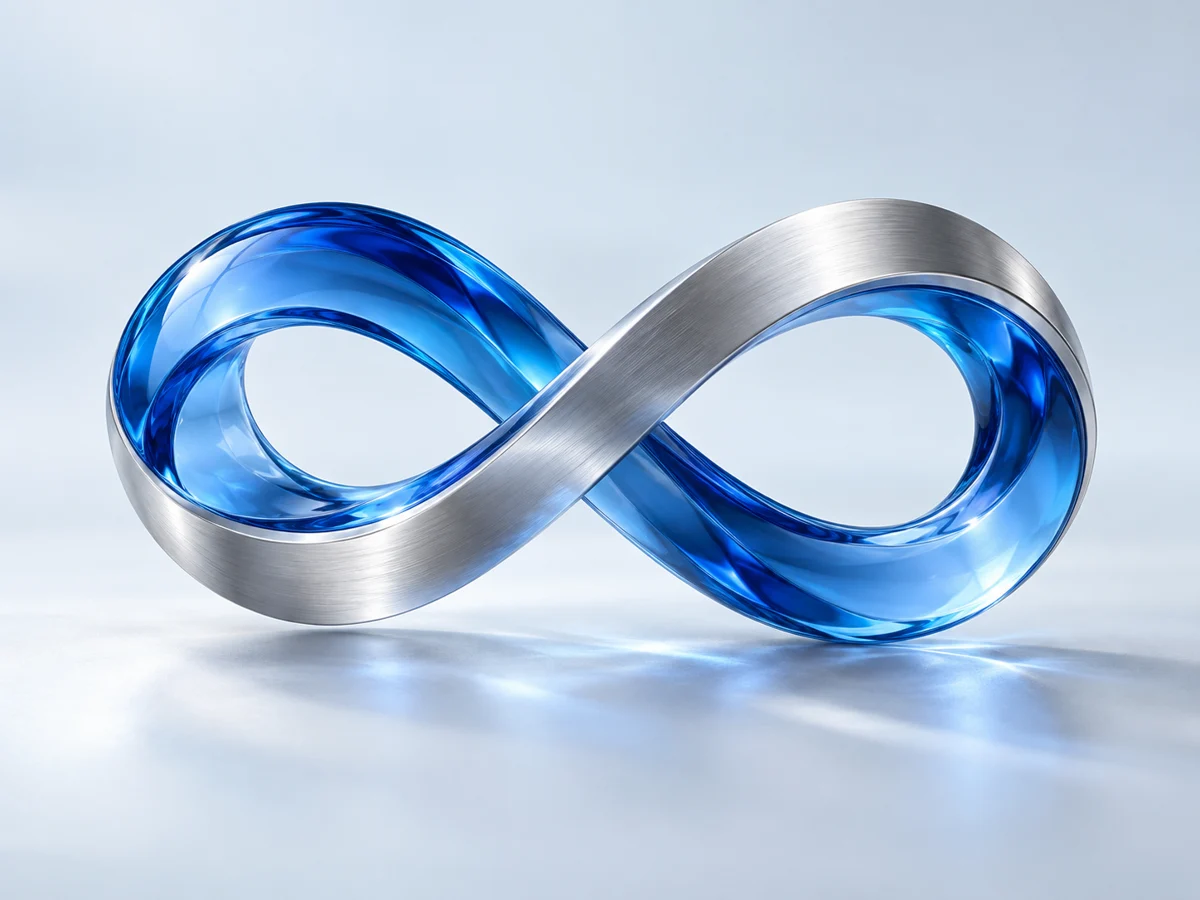 A continuous sculpture of cobalt glass and silver, representing connected technology